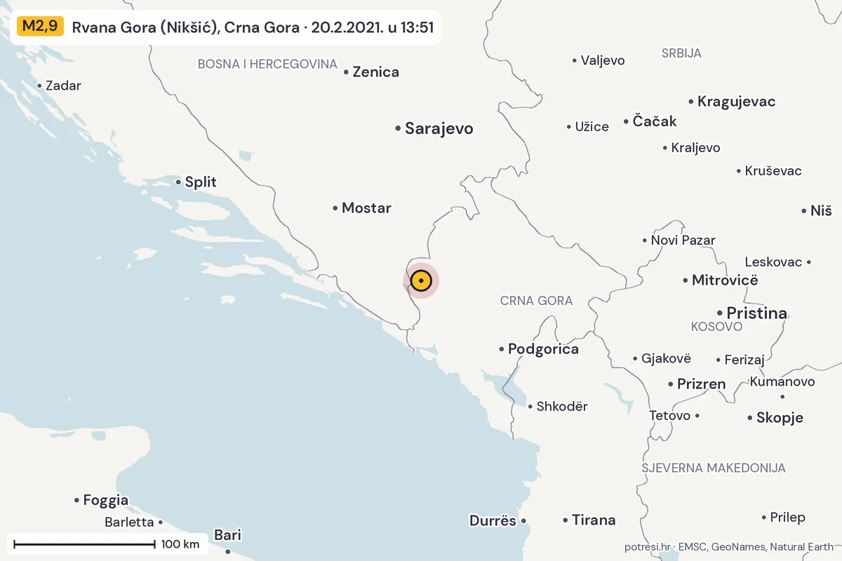 Karta: šire područje, 600 km, potres M2,9, Rvana Gora (Nikšić), Crna Gora, 20.2.2021.