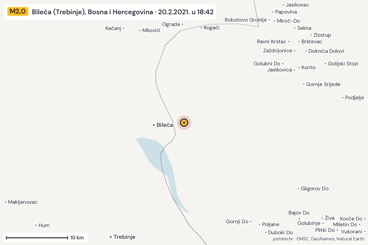 Karta: okolica epicentra, 60 km, potres M2,0, Bileća (Trebinje), Bosna i Hercegovina, 20.2.2021.
