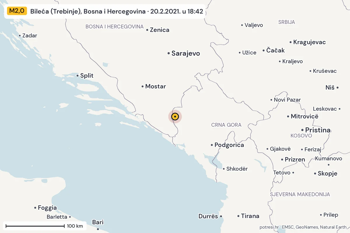 Karta: šire područje, 600 km, potres M2,0, Bileća (Trebinje), Bosna i Hercegovina, 20.2.2021.