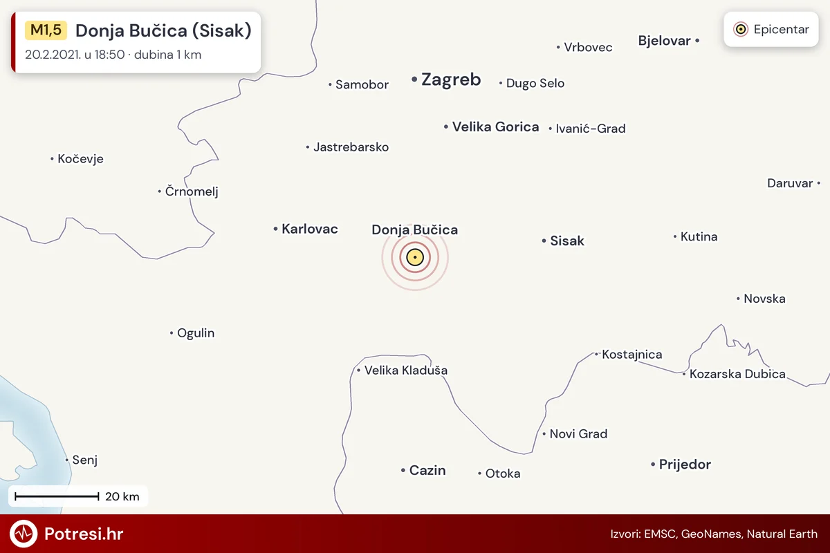 Karta: šire područje i vjerojatni doseg osjeta, potres M1,5, Donja Bučica (Sisak), 20.2.2021.