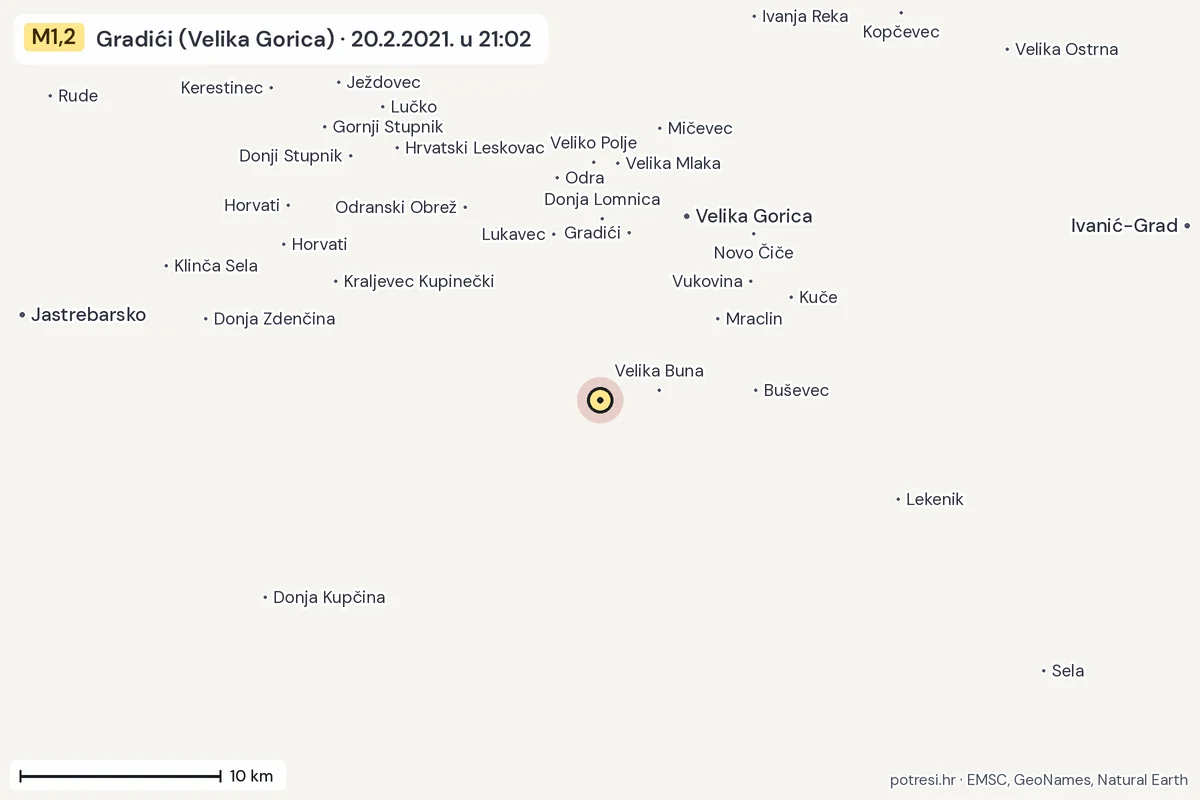Karta: okolica epicentra, 60 km, potres M1,2, Gradići (Velika Gorica), 20.2.2021.