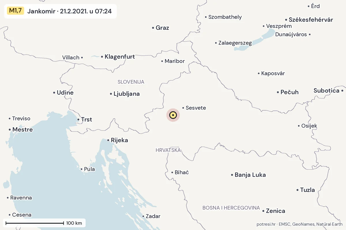 Karta: šire područje, 600 km, potres M1,7, Jankomir, 21.2.2021.
