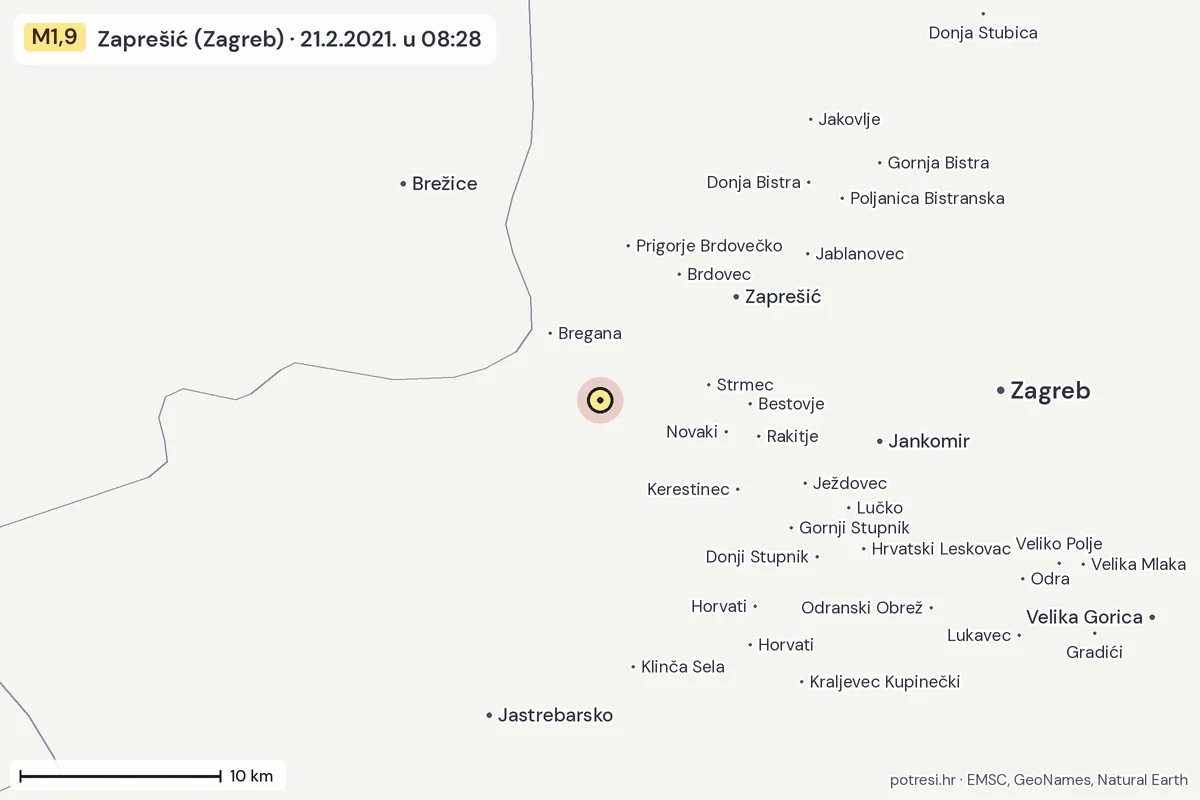 Karta: okolica epicentra, 60 km, potres M1,9, Zaprešić (Zagreb), 21.2.2021.