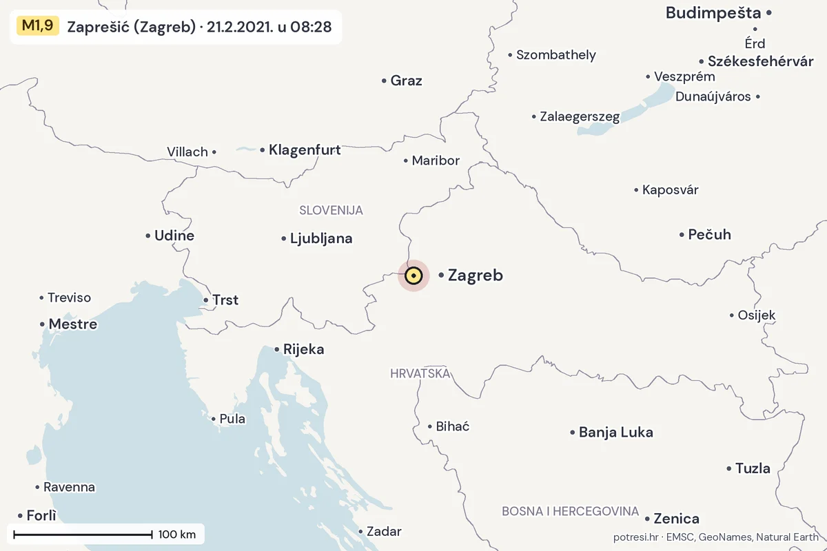 Karta: šire područje, 600 km, potres M1,9, Zaprešić (Zagreb), 21.2.2021.
