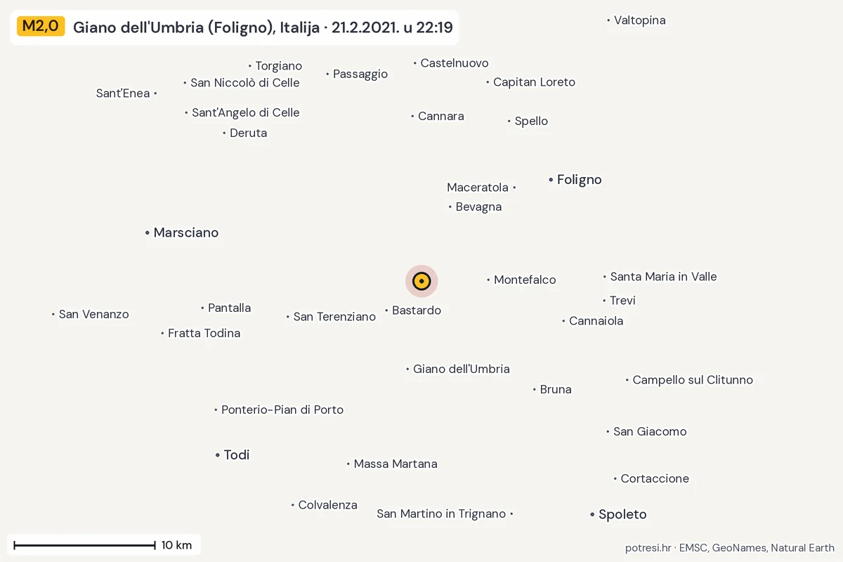 Karta: okolica epicentra, 60 km, potres M2,0, Giano dell'Umbria (Foligno), Italija, 21.2.2021.