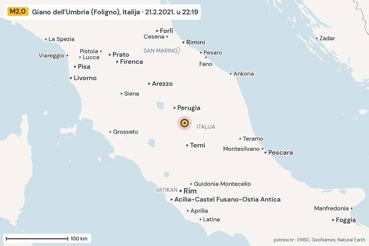 Karta: šire područje, 600 km, potres M2,0, Giano dell'Umbria (Foligno), Italija, 21.2.2021.
