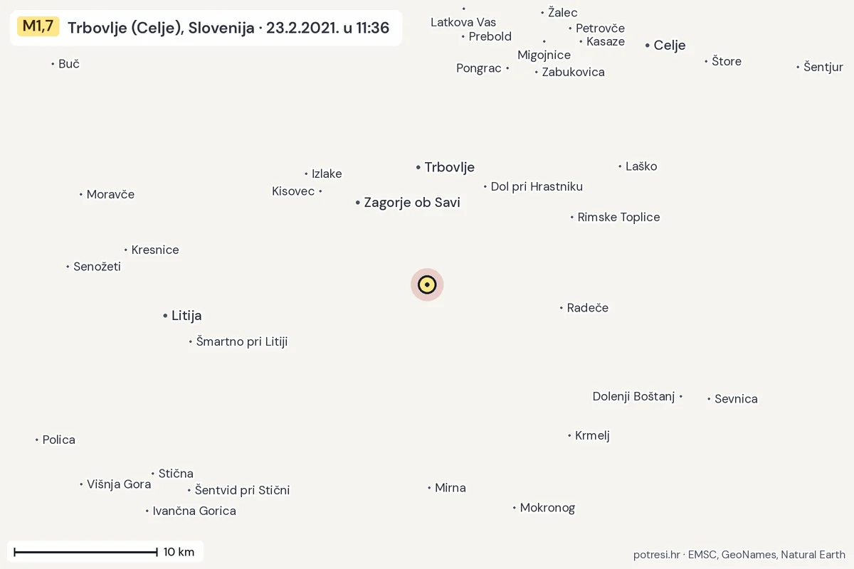 Karta: okolica epicentra, 60 km, potres M1,7, Trbovlje (Celje), Slovenija, 23.2.2021.
