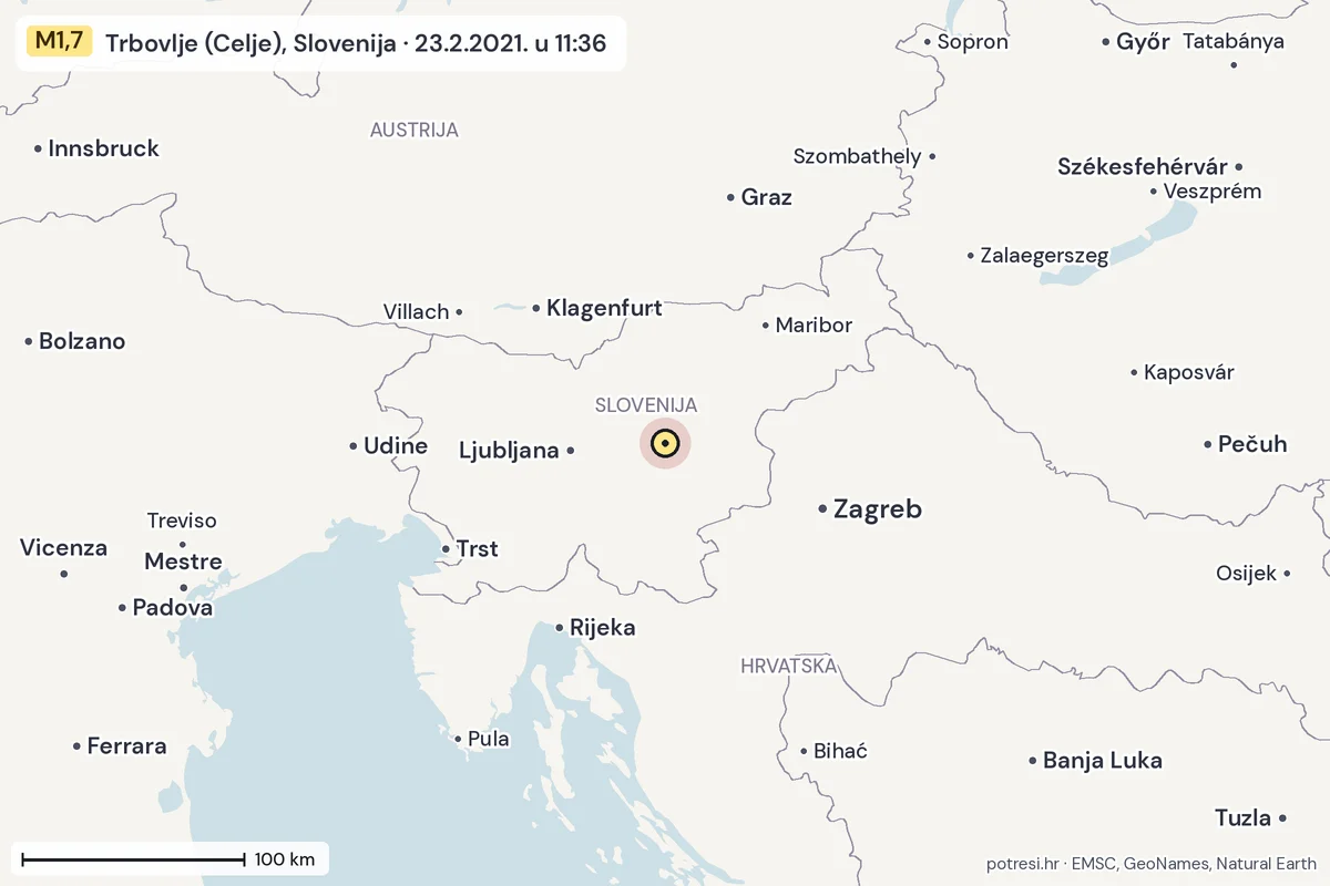 Karta: šire područje, 600 km, potres M1,7, Trbovlje (Celje), Slovenija, 23.2.2021.