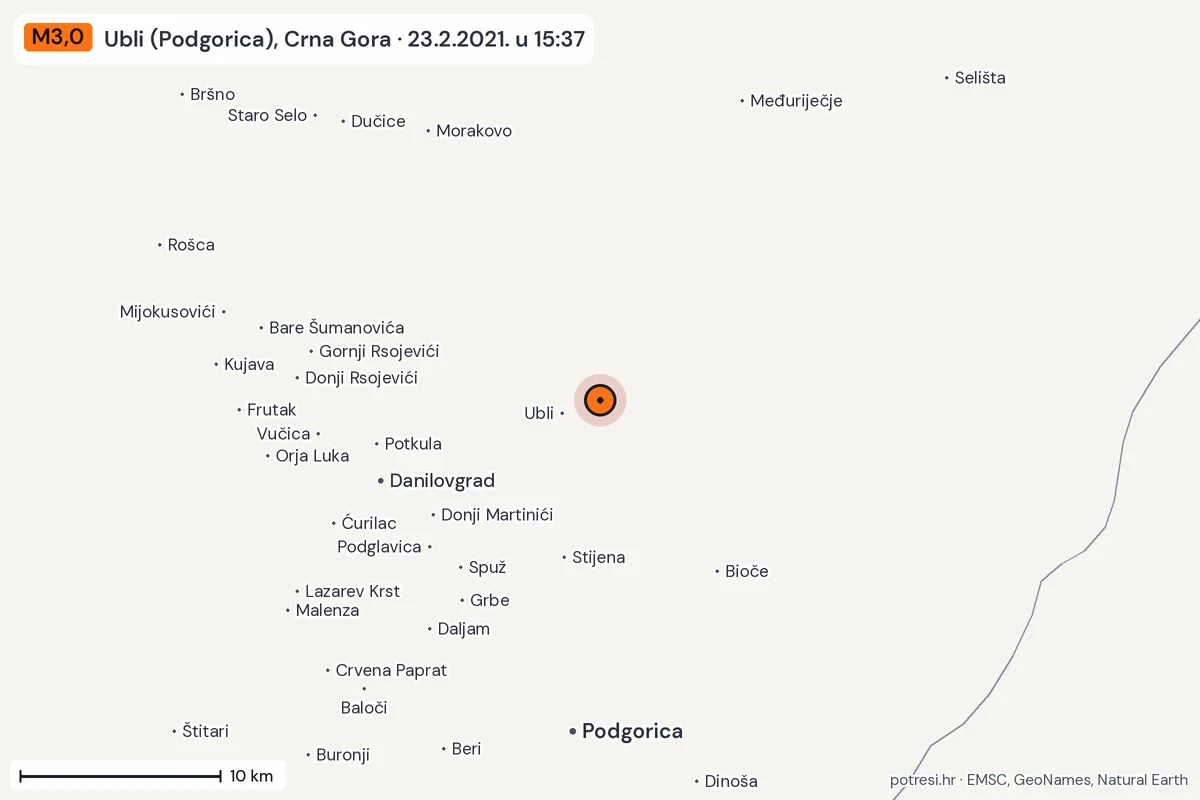 Karta: okolica epicentra, 60 km, potres M3,0, Ubli (Podgorica), Crna Gora, 23.2.2021.