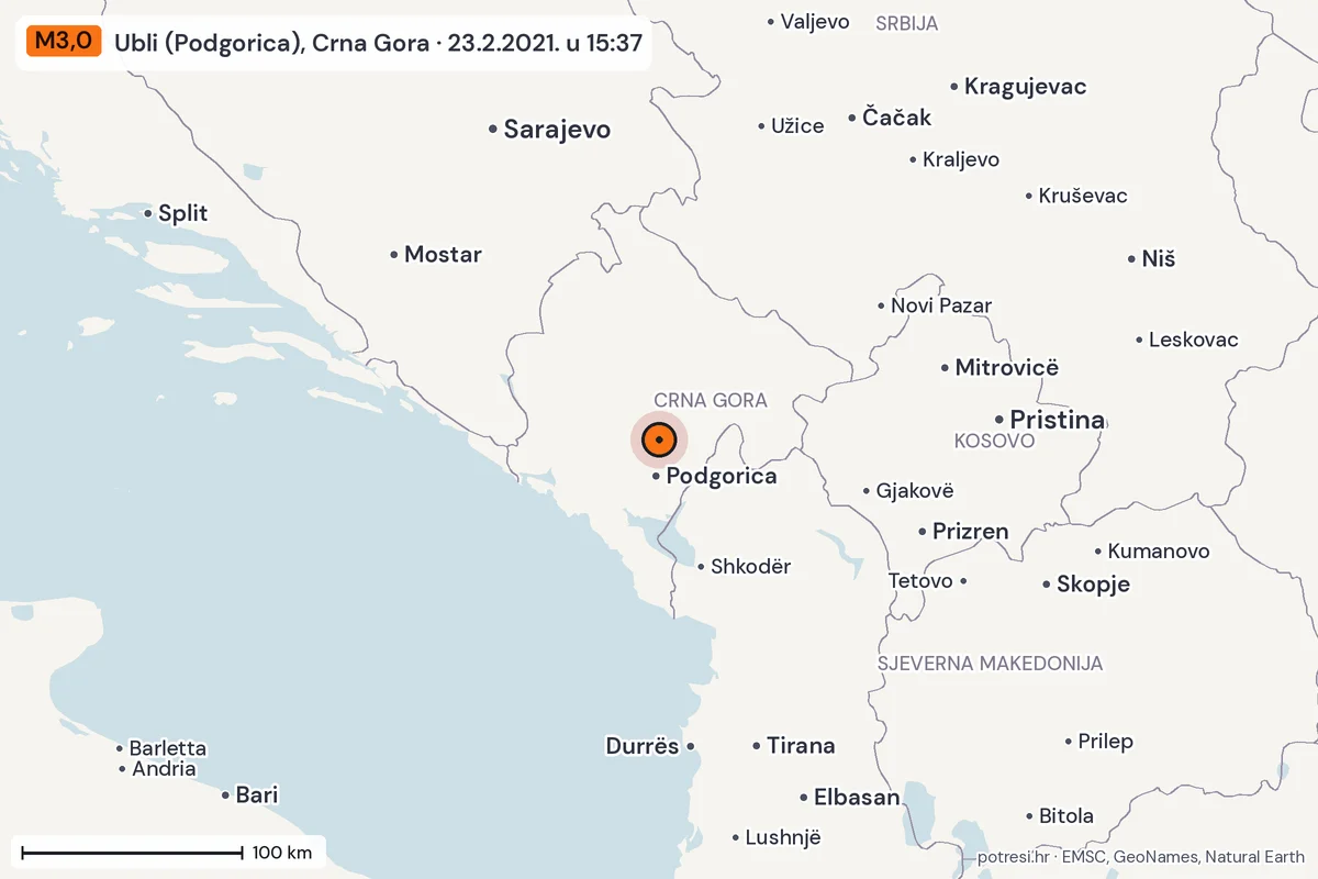 Karta: šire područje, 600 km, potres M3,0, Ubli (Podgorica), Crna Gora, 23.2.2021.
