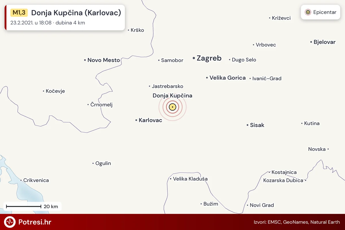 Karta: šire područje i vjerojatni doseg osjeta, potres M1,3, Donja Kupčina (Karlovac), 23.2.2021.
