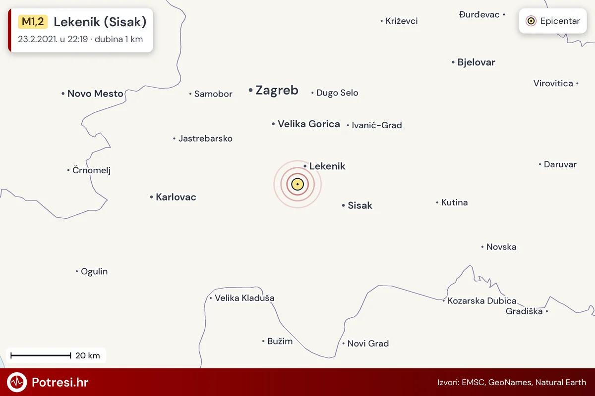 Karta: šire područje i vjerojatni doseg osjeta, potres M1,2, Lekenik (Sisak), 23.2.2021.