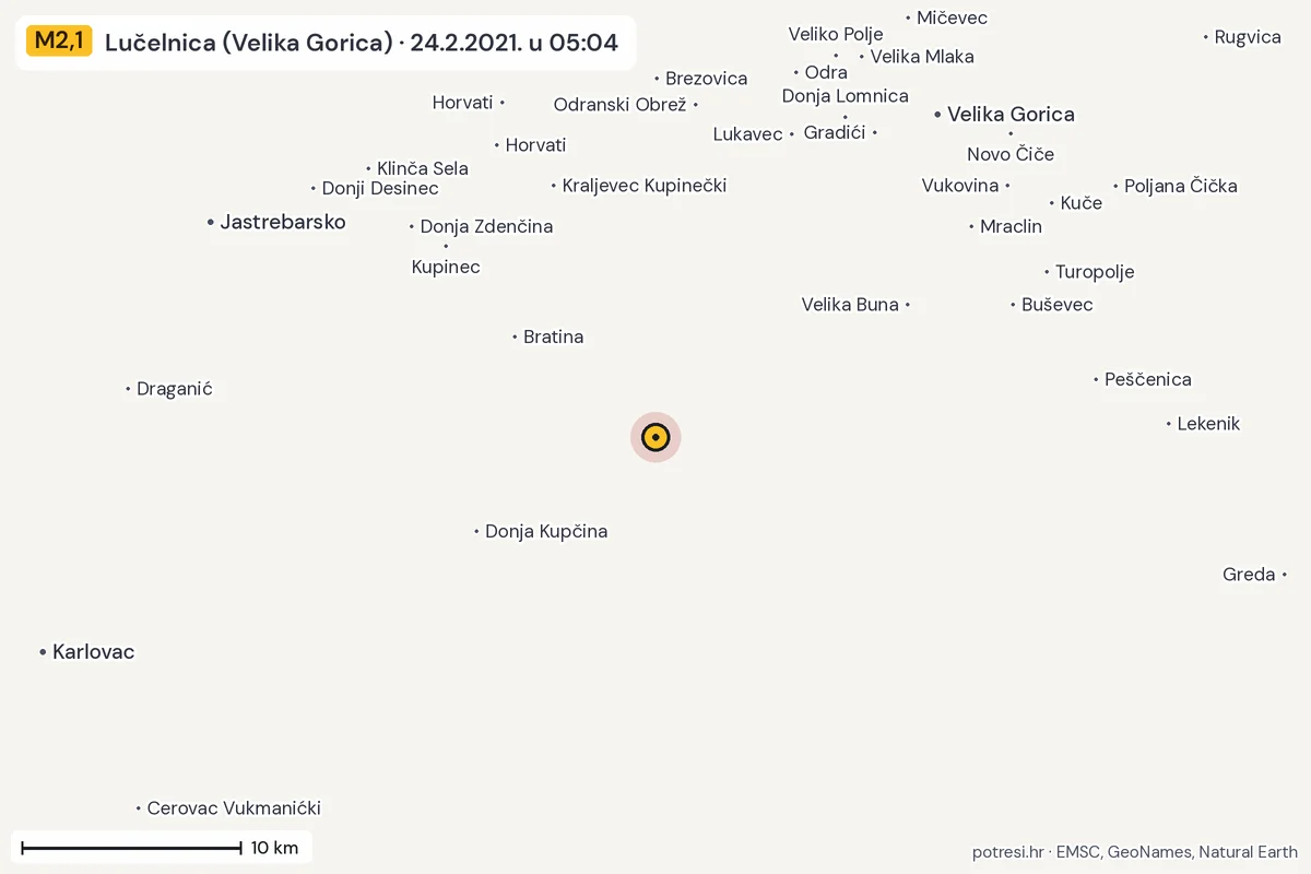 Karta: okolica epicentra, 60 km, potres M2,1, Lučelnica (Velika Gorica), 24.2.2021.