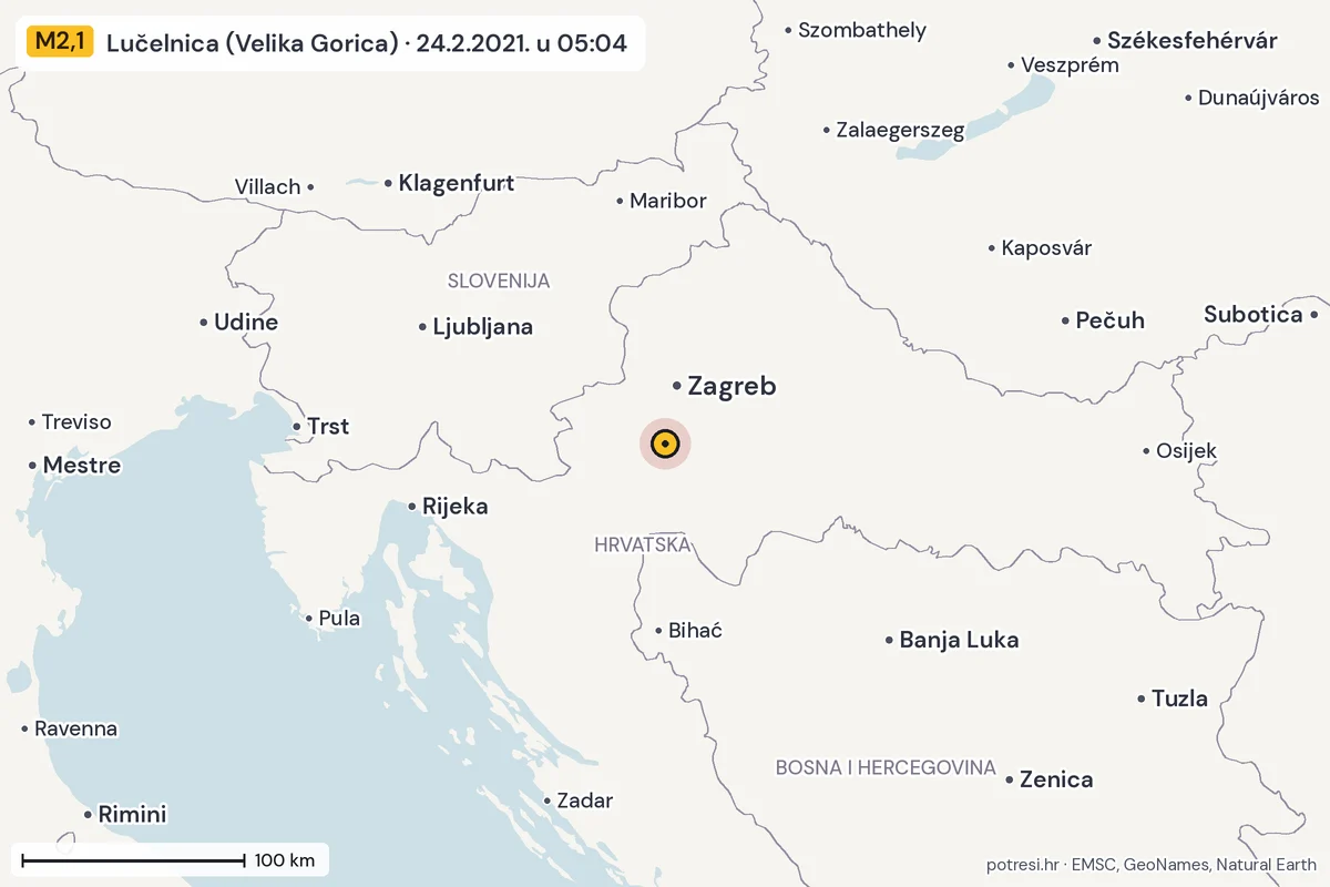 Karta: šire područje, 600 km, potres M2,1, Lučelnica (Velika Gorica), 24.2.2021.