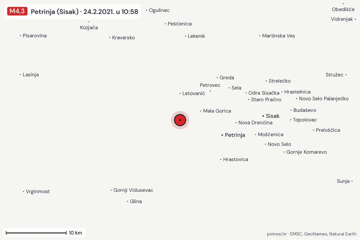 Karta: okolica epicentra, 60 km, potres M4,3, Petrinja (Sisak), 24.2.2021.