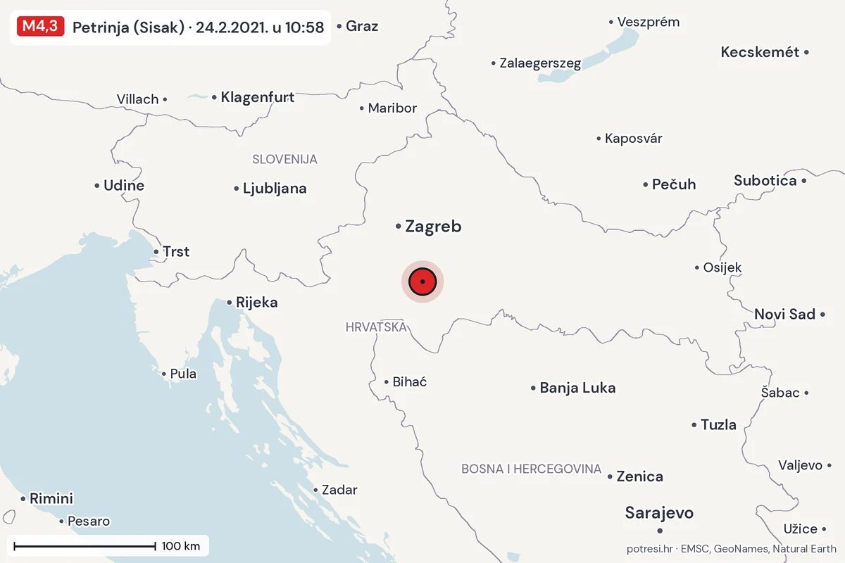 Karta: šire područje, 600 km, potres M4,3, Petrinja (Sisak), 24.2.2021.