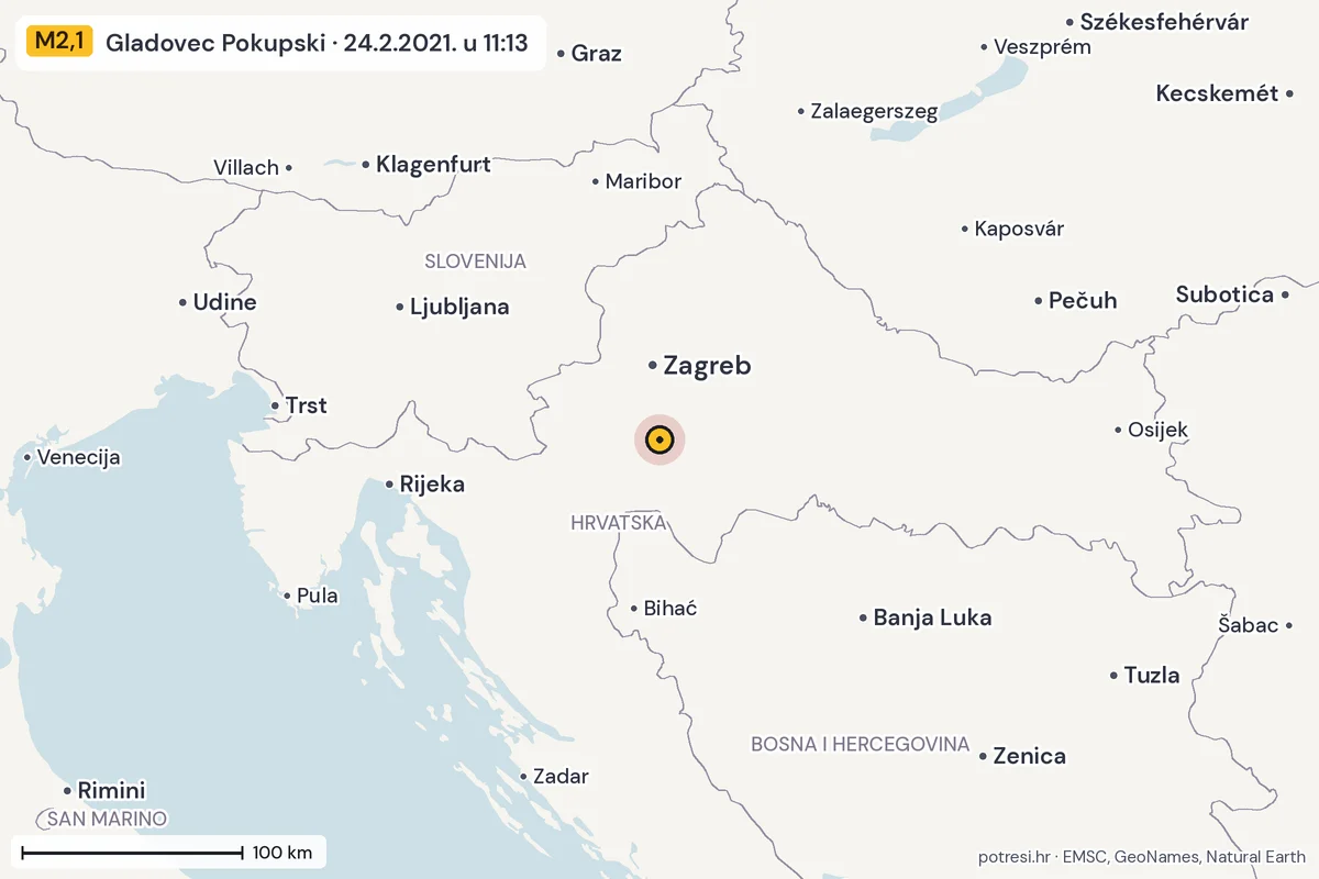 Karta: šire područje, 600 km, potres M2,1, Gladovec Pokupski, 24.2.2021.