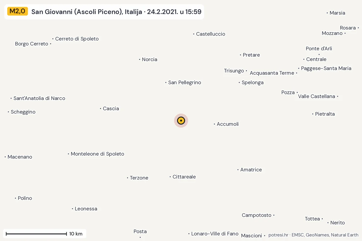 Karta: okolica epicentra, 60 km, potres M2,0, San Giovanni (Ascoli Piceno), Italija, 24.2.2021.