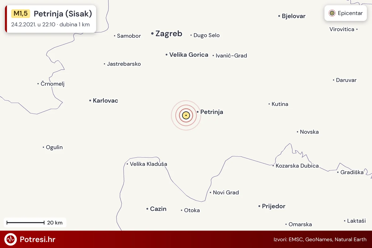 Karta: šire područje i vjerojatni doseg osjeta, potres M1,5, Petrinja (Sisak), 24.2.2021.