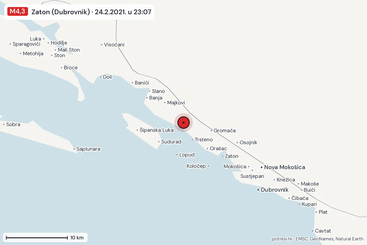 Karta: okolica epicentra, 60 km, potres M4,3, Zaton (Dubrovnik), 24.2.2021.