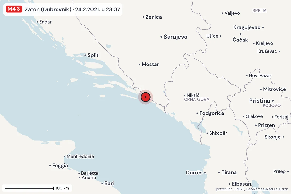 Karta: šire područje, 600 km, potres M4,3, Zaton (Dubrovnik), 24.2.2021.