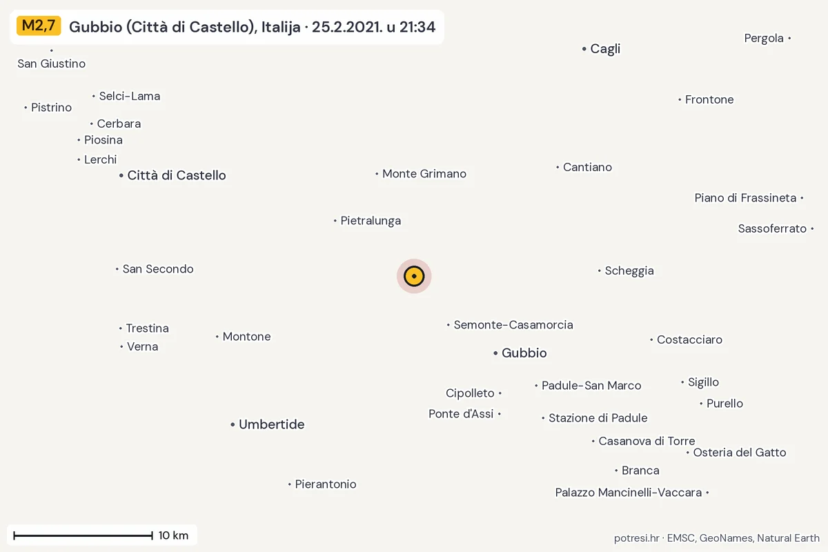 Karta: okolica epicentra, 60 km, potres M2,7, Gubbio (Città di Castello), Italija, 25.2.2021.
