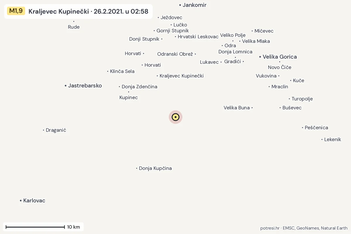 Karta: okolica epicentra, 60 km, potres M1,9, Kraljevec Kupinečki, 26.2.2021.