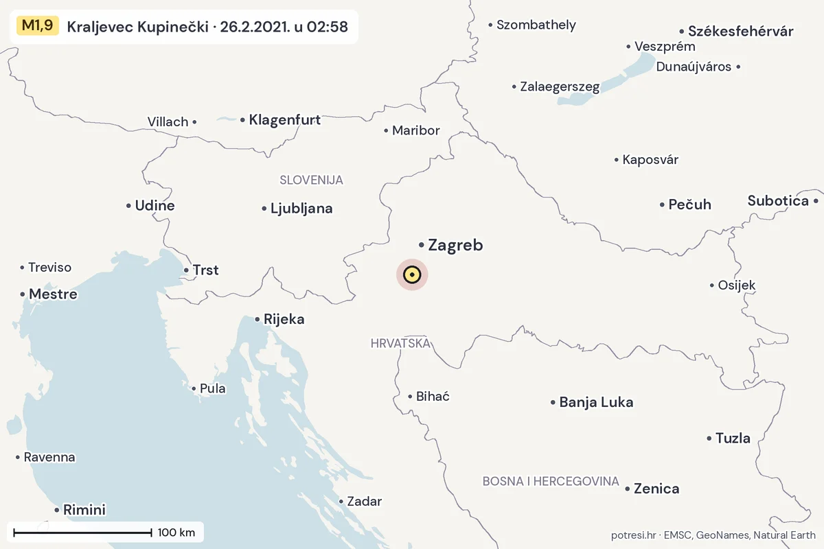 Karta: šire područje, 600 km, potres M1,9, Kraljevec Kupinečki, 26.2.2021.