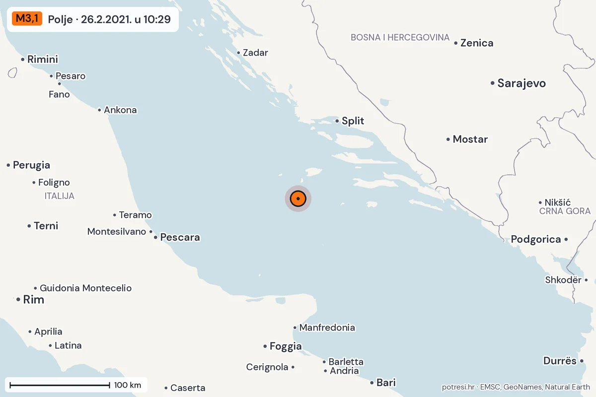 Karta: šire područje, 600 km, potres M3,1, Polje, 26.2.2021.
