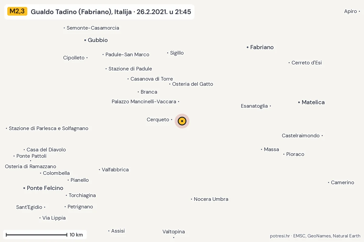 Karta: okolica epicentra, 60 km, potres M2,3, Gualdo Tadino (Fabriano), Italija, 26.2.2021.