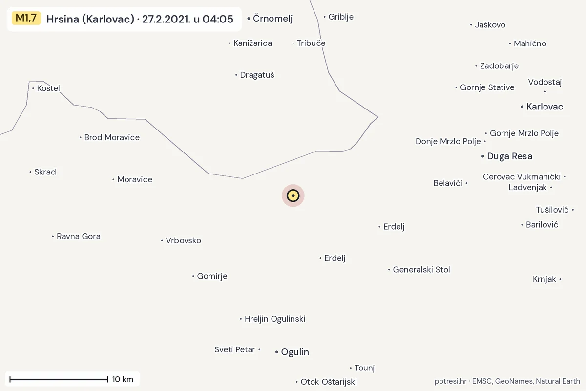 Karta: okolica epicentra, 60 km, potres M1,7, Hrsina (Karlovac), 27.2.2021.
