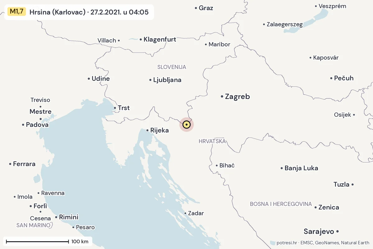 Karta: šire područje, 600 km, potres M1,7, Hrsina (Karlovac), 27.2.2021.