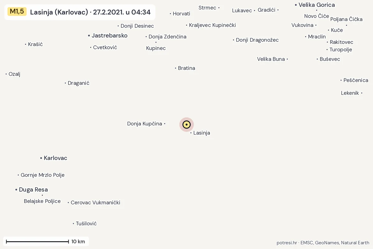 Karta: okolica epicentra, 60 km, potres M1,5, Lasinja (Karlovac), 27.2.2021.