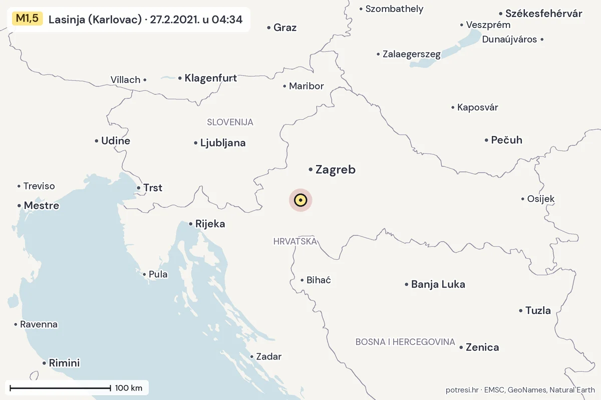 Karta: šire područje, 600 km, potres M1,5, Lasinja (Karlovac), 27.2.2021.