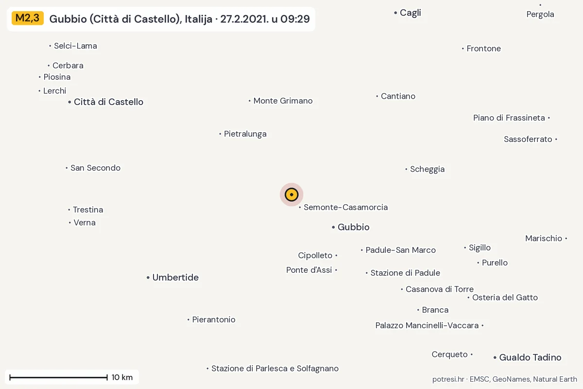 Karta: okolica epicentra, 60 km, potres M2,3, Gubbio (Città di Castello), Italija, 27.2.2021.
