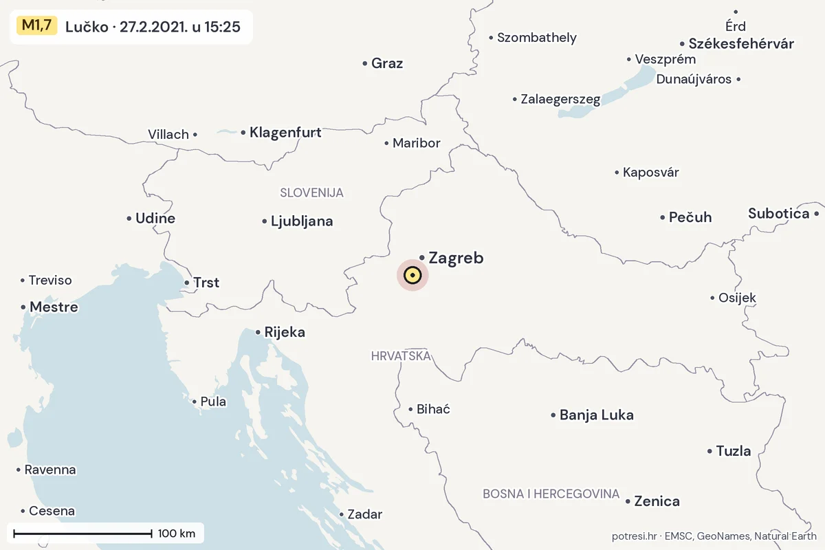 Karta: šire područje, 600 km, potres M1,7, Lučko, 27.2.2021.