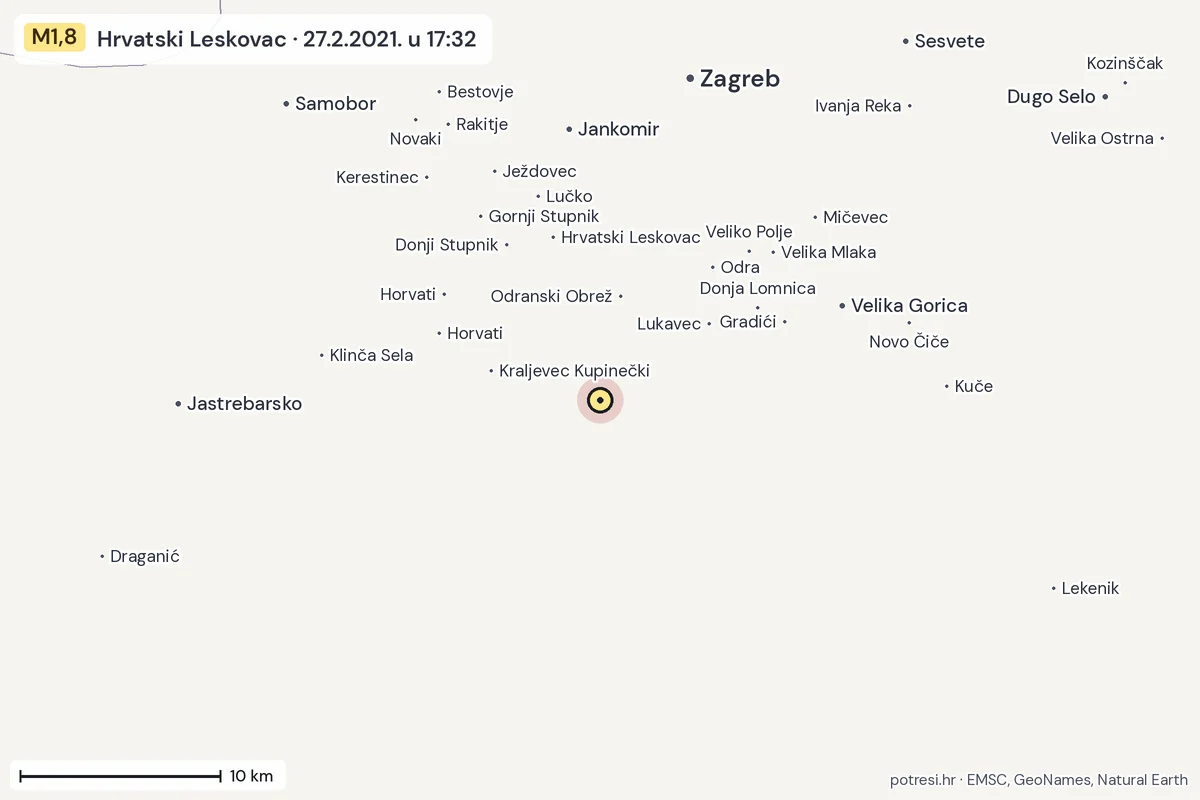 Karta: okolica epicentra, 60 km, potres M1,8, Hrvatski Leskovac, 27.2.2021.