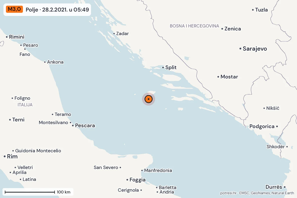 Karta: šire područje, 600 km, potres M3,0, Polje, 28.2.2021.