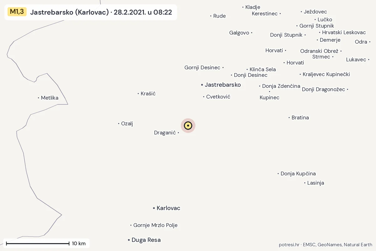 Karta: okolica epicentra, 60 km, potres M1,3, Jastrebarsko (Karlovac), 28.2.2021.