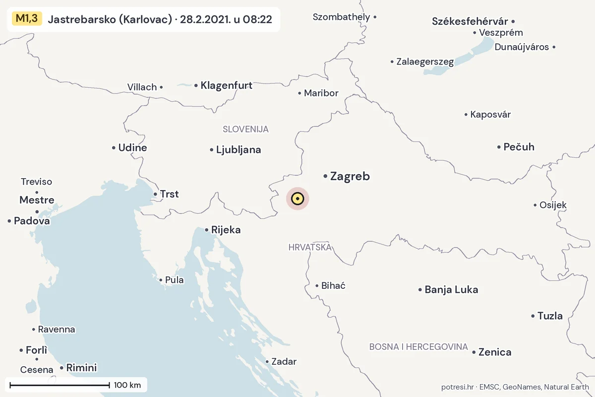 Karta: šire područje, 600 km, potres M1,3, Jastrebarsko (Karlovac), 28.2.2021.