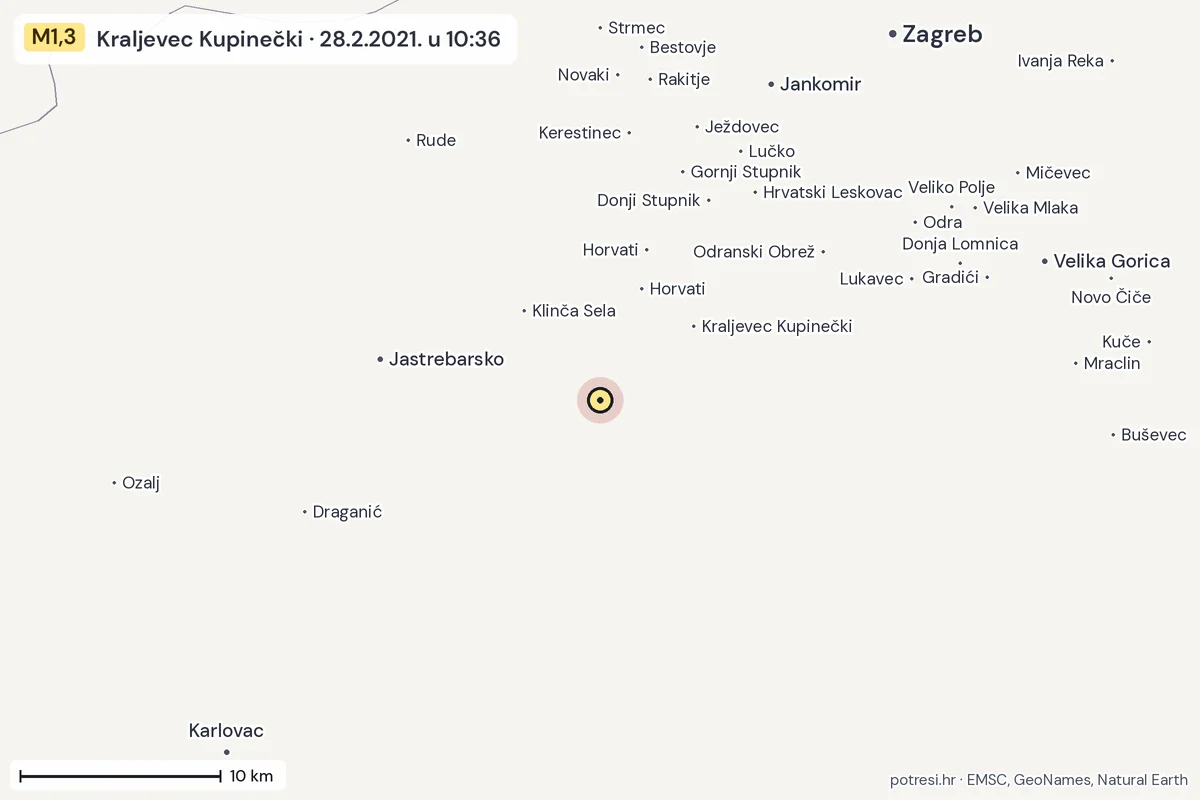 Karta: okolica epicentra, 60 km, potres M1,3, Kraljevec Kupinečki, 28.2.2021.