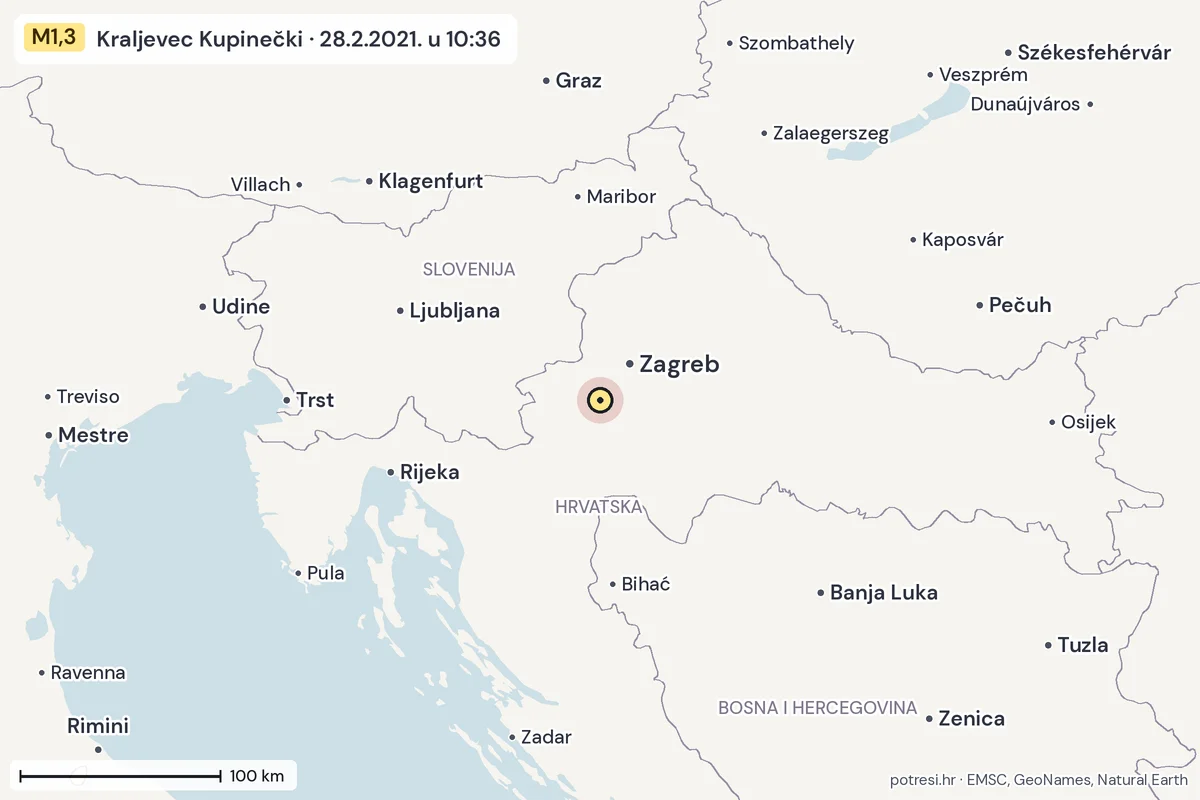 Karta: šire područje, 600 km, potres M1,3, Kraljevec Kupinečki, 28.2.2021.