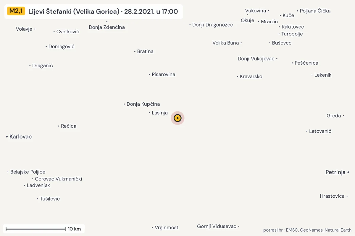 Karta: okolica epicentra, 60 km, potres M2,1, Lijevi Štefanki (Velika Gorica), 28.2.2021.
