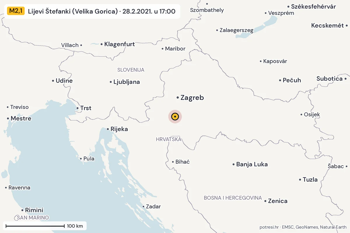 Karta: šire područje, 600 km, potres M2,1, Lijevi Štefanki (Velika Gorica), 28.2.2021.