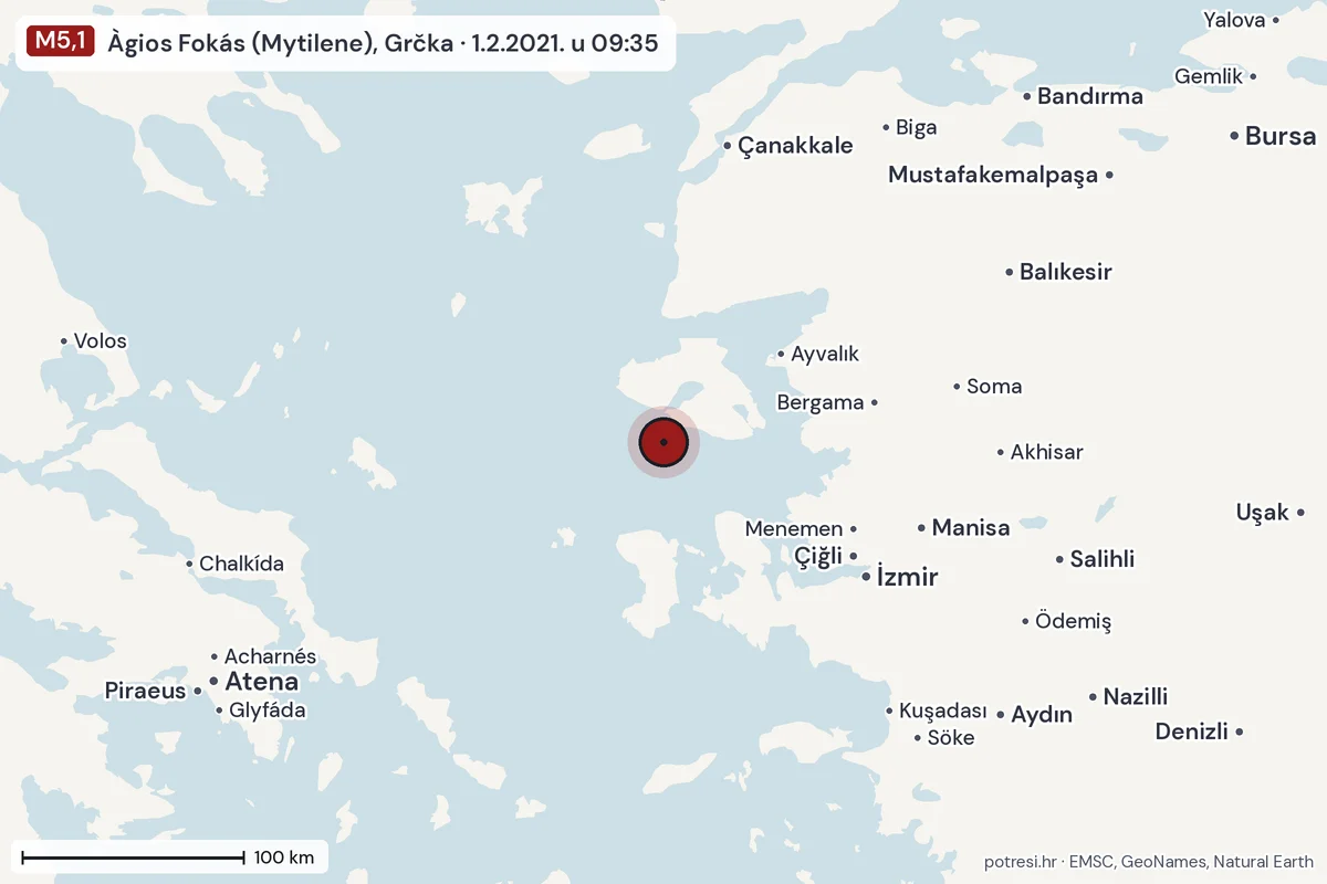 Karta: šire područje, 600 km, potres M5,1, Àgios Fokás (Mytilene), Grčka, 1.2.2021.