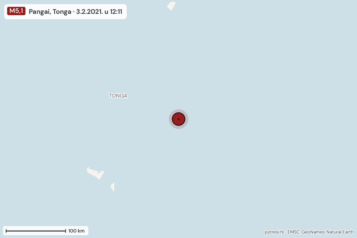 Karta: šire područje, 600 km, potres M5,1, Pangai, Tonga, 3.2.2021.