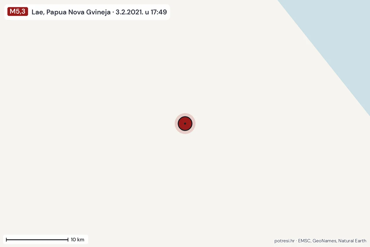 Karta: okolica epicentra, 60 km, potres M5,3, Lae, Papua Nova Gvineja, 3.2.2021.