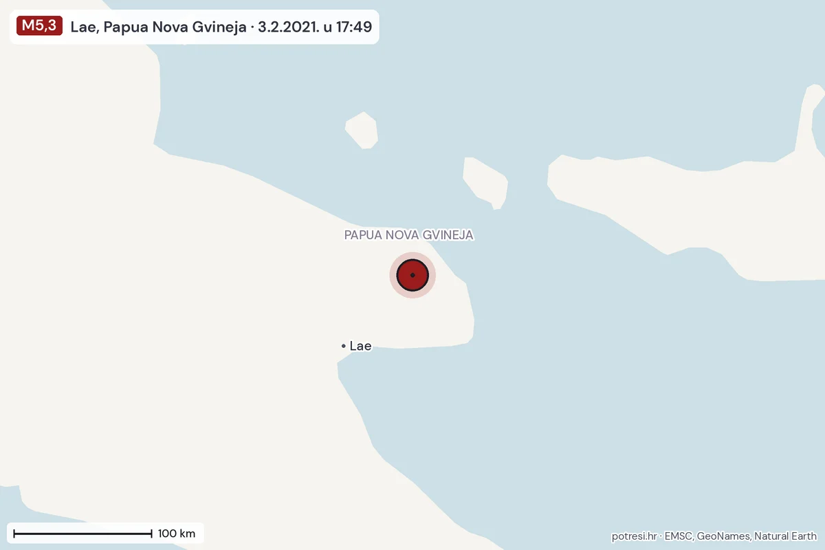 Karta: šire područje, 600 km, potres M5,3, Lae, Papua Nova Gvineja, 3.2.2021.