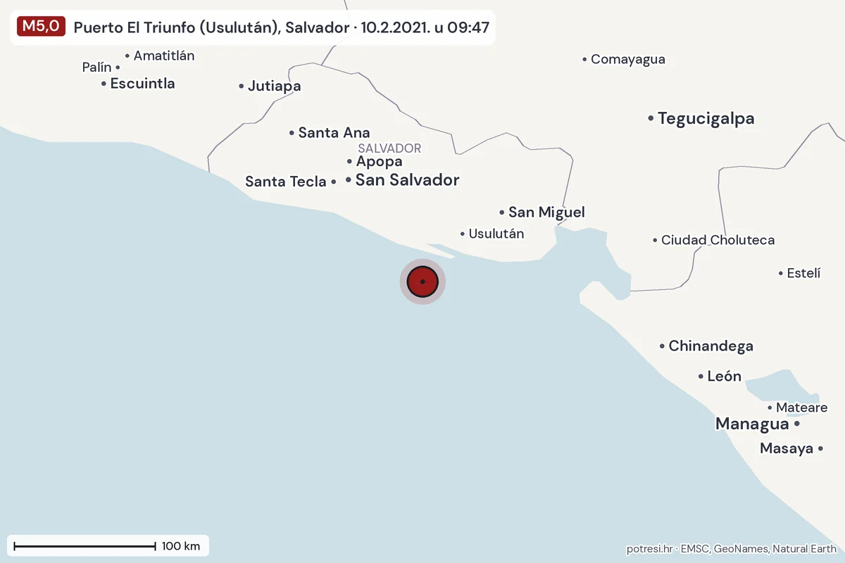 Karta: šire područje, 600 km, potres M5,0, Puerto El Triunfo (Usulután), Salvador, 10.2.2021.