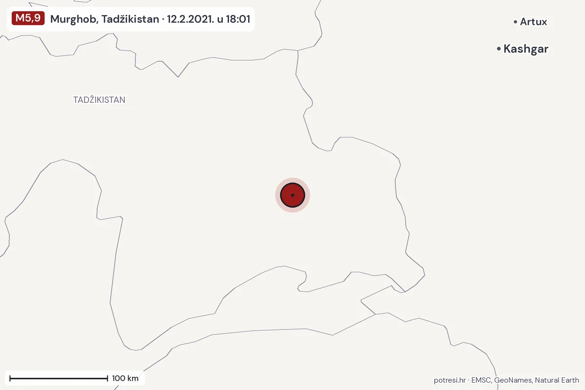 Karta: šire područje, 600 km, potres M5,9, Murghob, Tadžikistan, 12.2.2021.